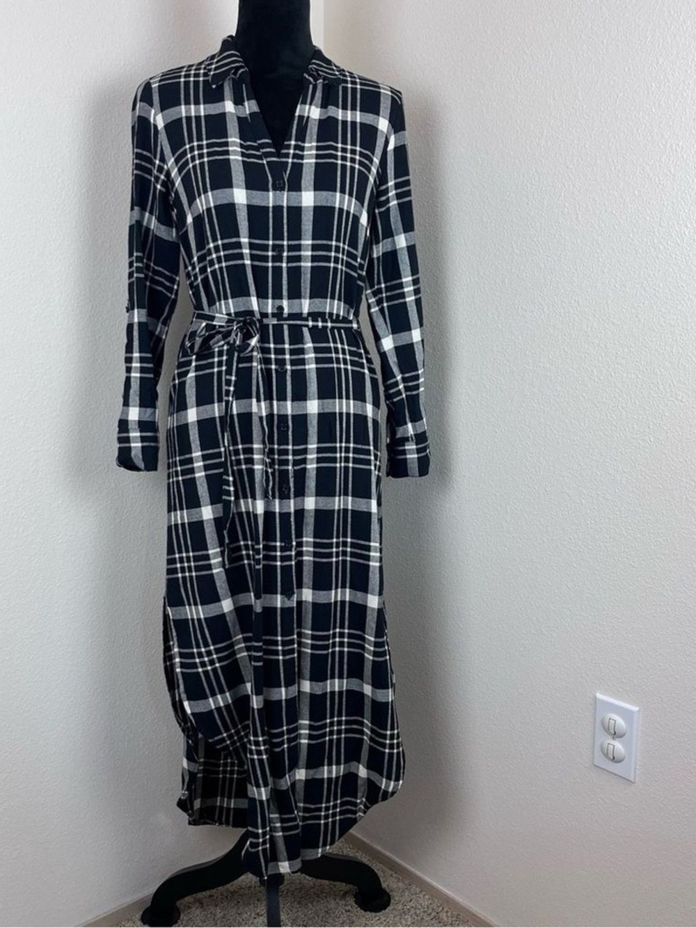 Cupcake and Cashmere Plaid Long Sleeve Shirt Dress with Tie Waist